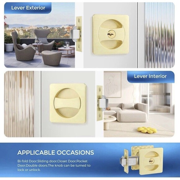 Leydebong Pack of 2 Gold Pocket Door Lock with Keys Square Pocket Door Hardware - Picture 7 of 15